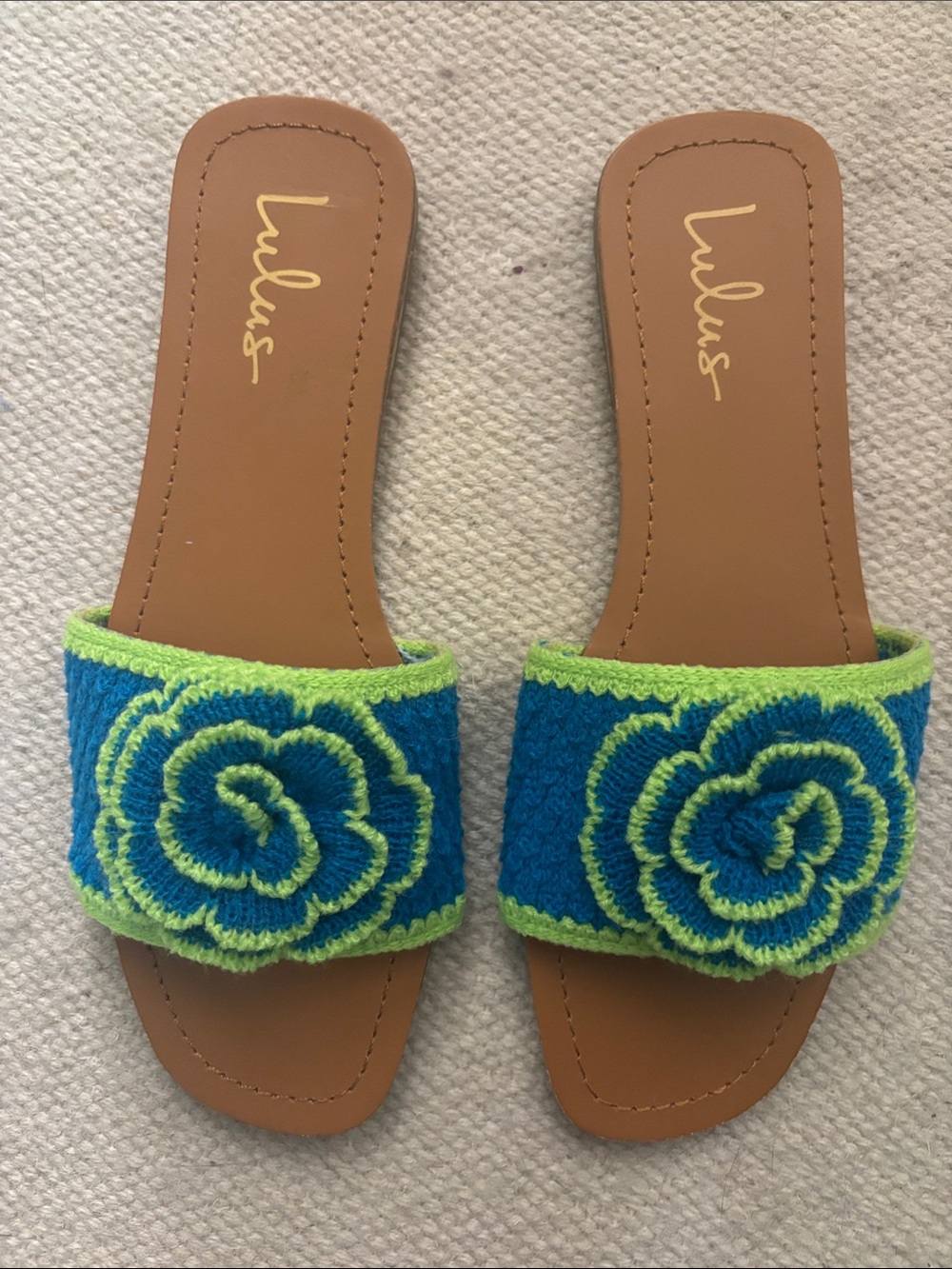 Lulu's Blue and Lime Slide Sandals